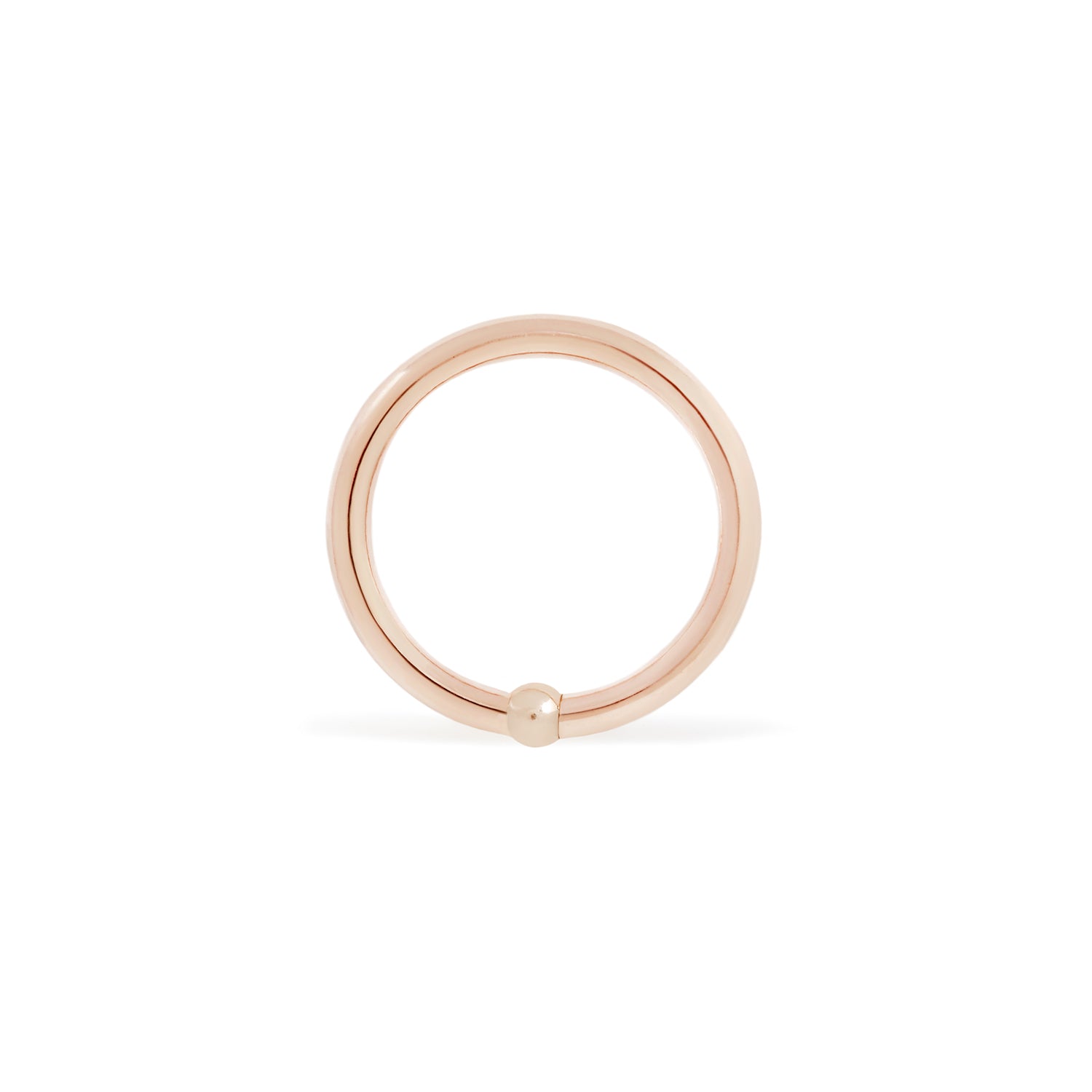 14 karat rose gold fixed bead ring with 2mm bead, size shown is 16g 3/8"