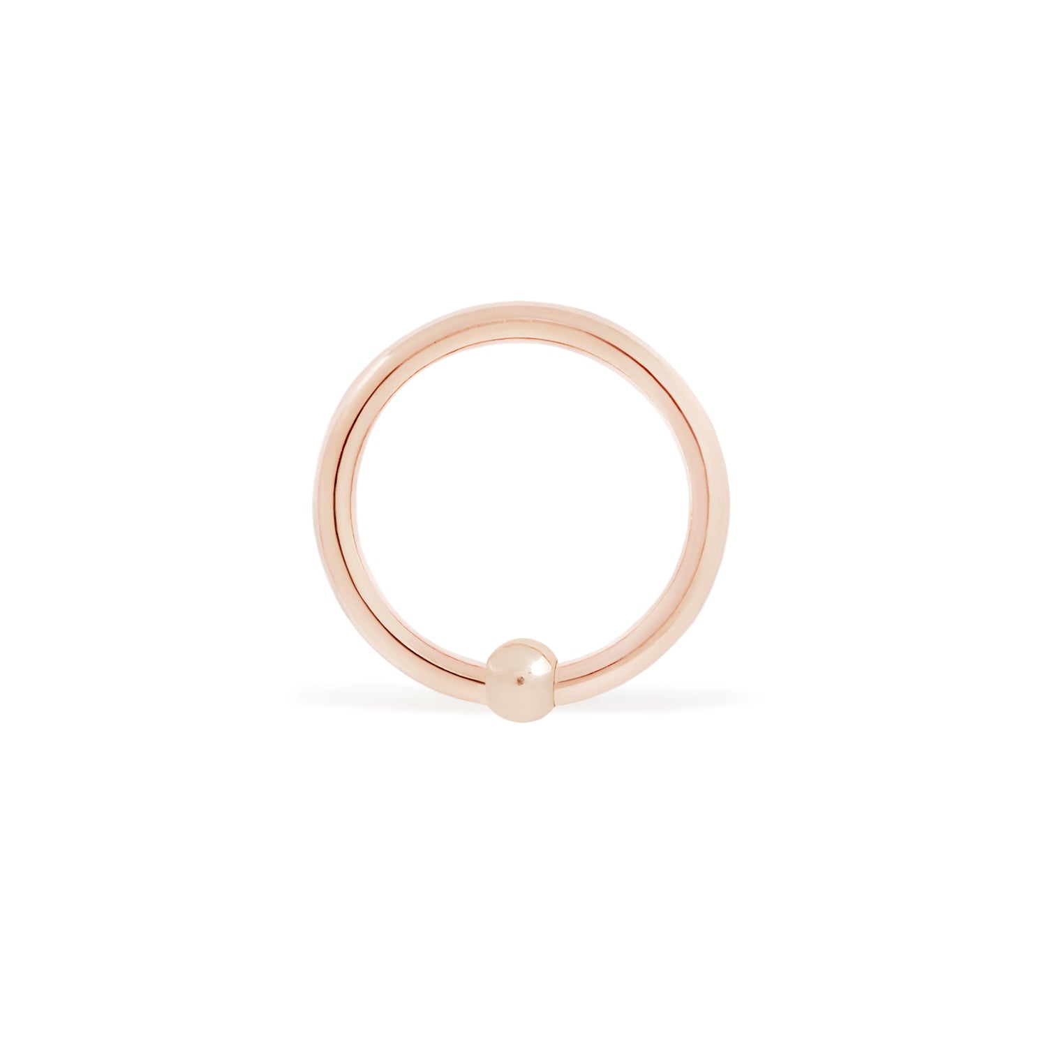 14 karat rose gold fixed bead ring with 2.5mm bead, size shown is 16g 3/8"