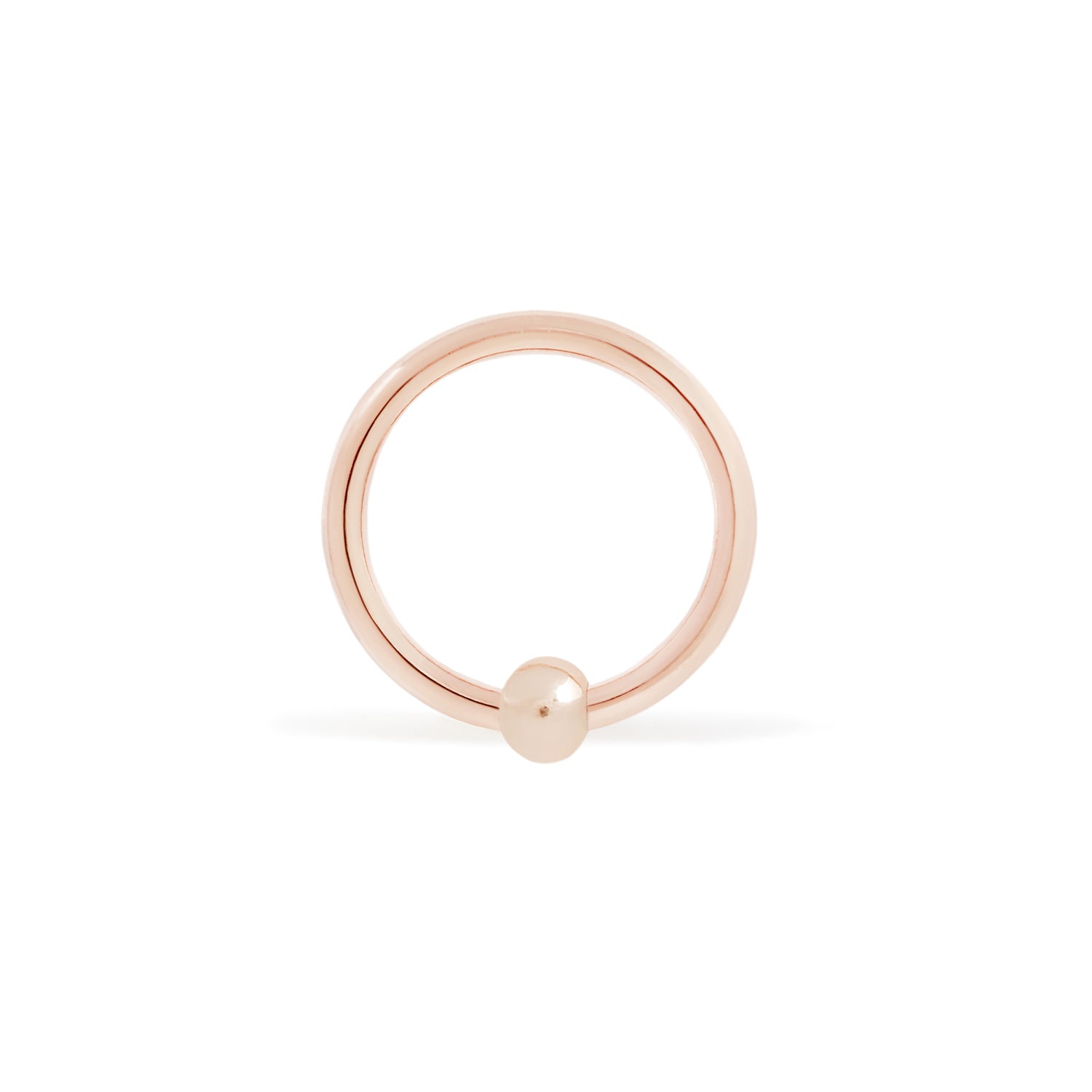 14 karat rose gold fixed bead ring with 3mm bead, size shown is 16g 3/8"