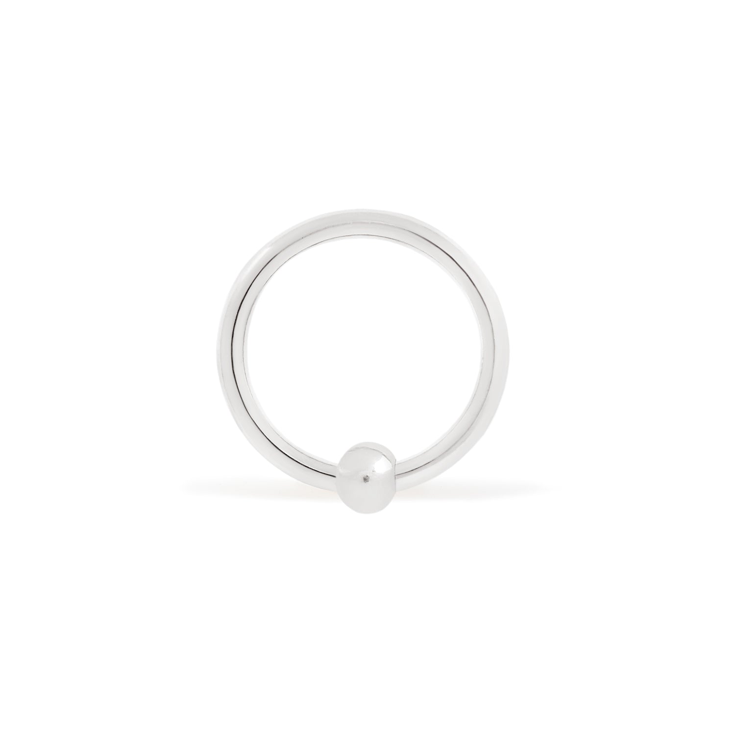 14 karat palladium white gold fixed bead ring with 3mm bead, size shown is 16g 3/8"