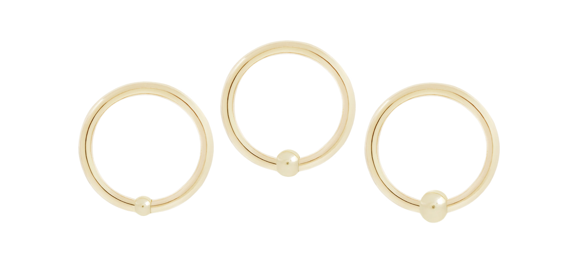 14 karat yellow gold fixed bead rings with 2mm, 2.5mm and 3mm bead sizes, size shown is 16g 3/8"