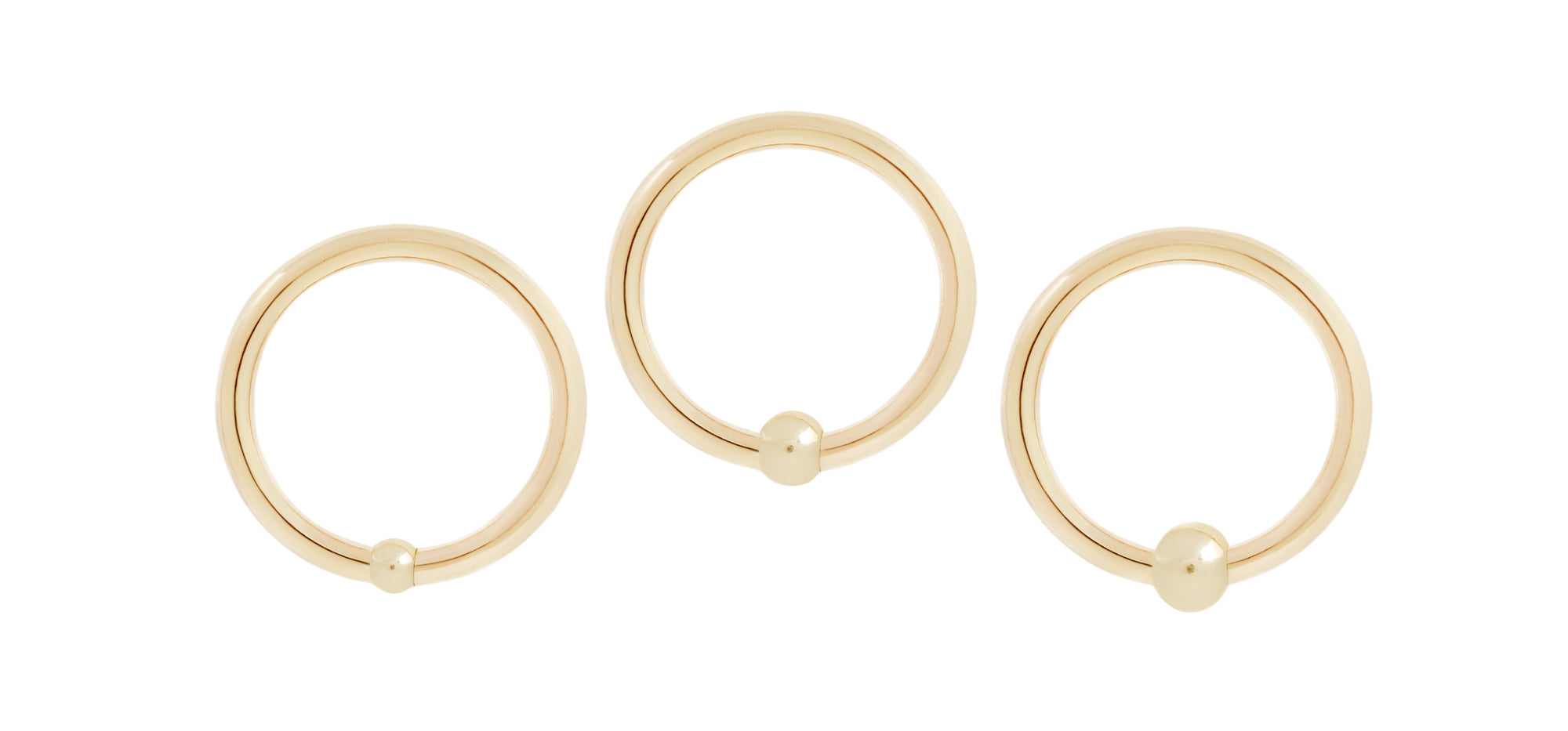 18 karat yellow gold fixed bead rings with 2mm, 2.5mm and 3mm bead sizes, size shown is 16g 3/8"