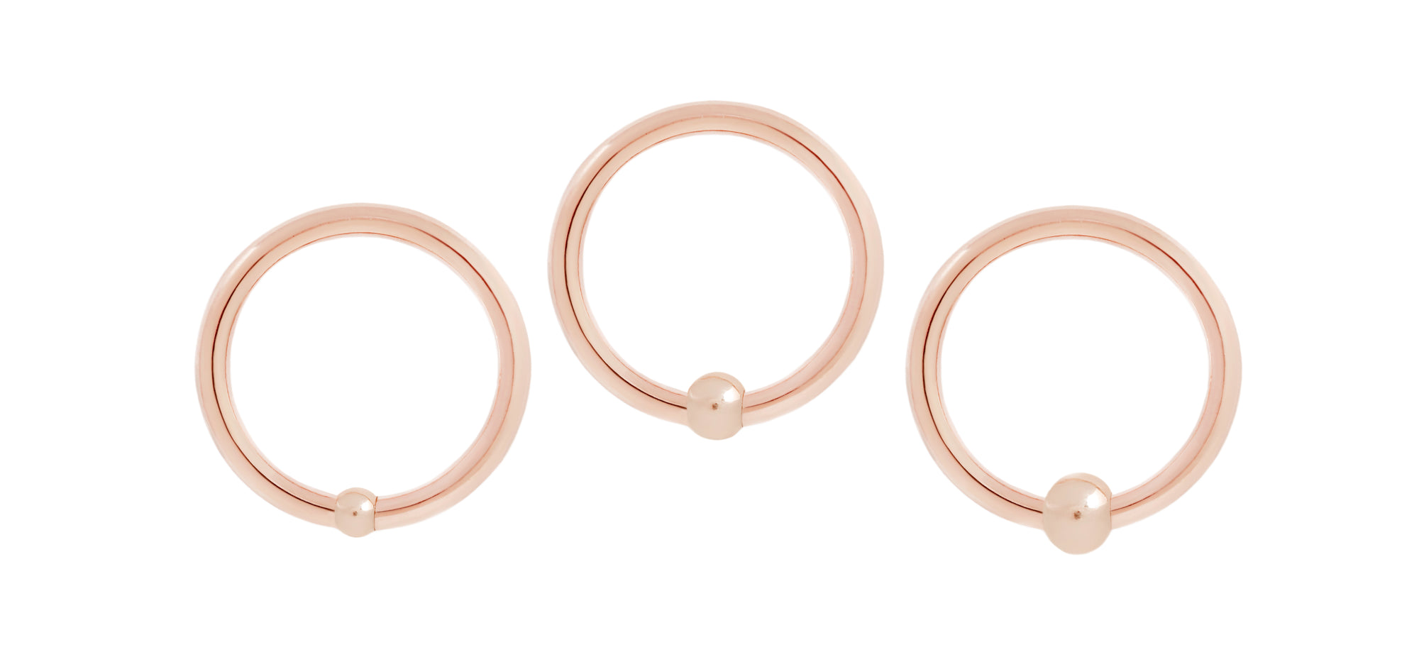 14 karat rose gold fixed bead rings with 2mm, 2.5mm and 3mm bead sizes, size shown is 16g 3/8"